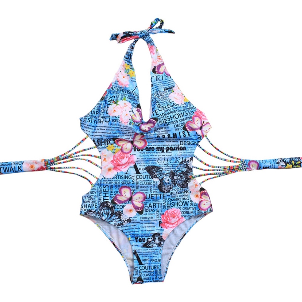 Sexy Floral Halter Strappy Back One Piece Swimsuit - Picture 2 of 8